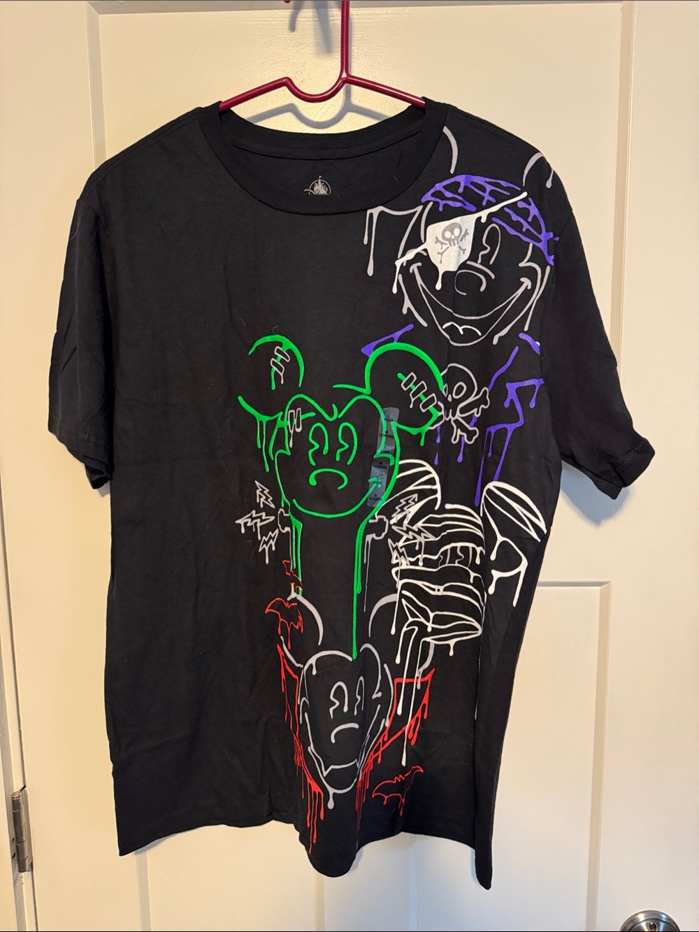 Disney Mickey Halloween Black Tee with Neon Green, Purple & Red Drip Graphics
